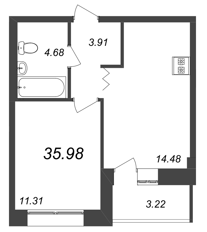 1-комнатная квартира, 35.98 м² - планировка, фото №1