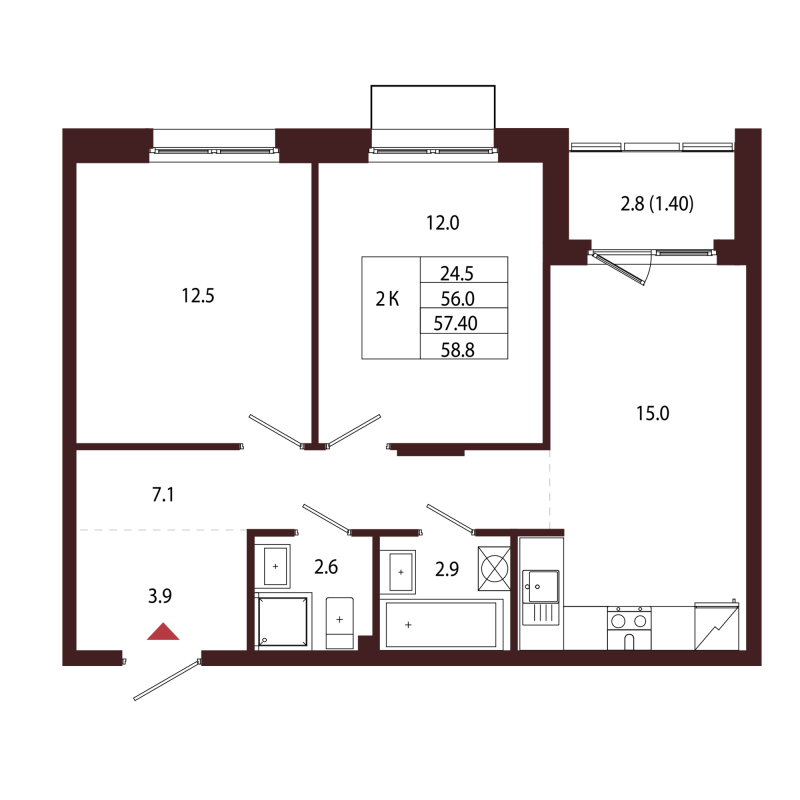 3-комнатная (Евро) квартира, 57.4 м² в ЖК "Лисино" - планировка, фото №1