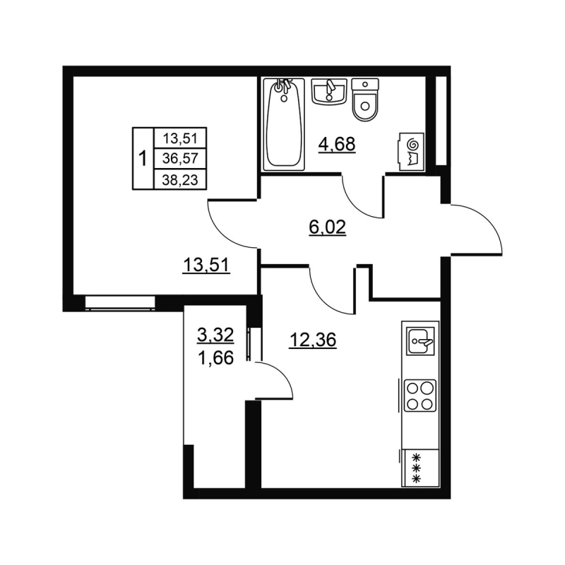 1-комнатная квартира, 38.23 м² в ЖК "Высота. Новодевяткино" - планировка, фото №1