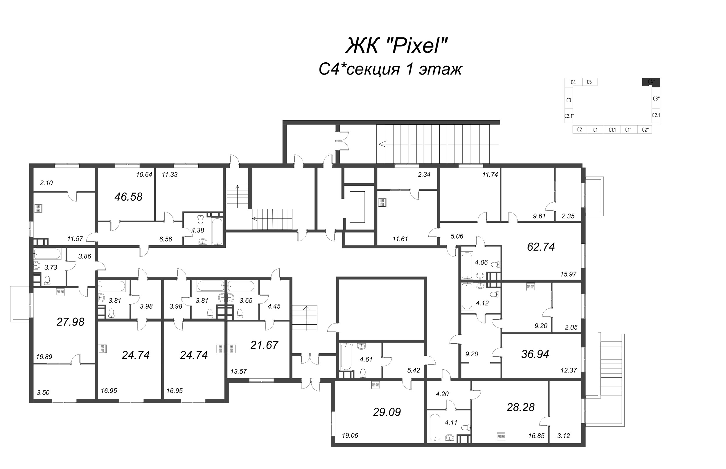 1-комнатная квартира, 39.58 м² - планировка этажа