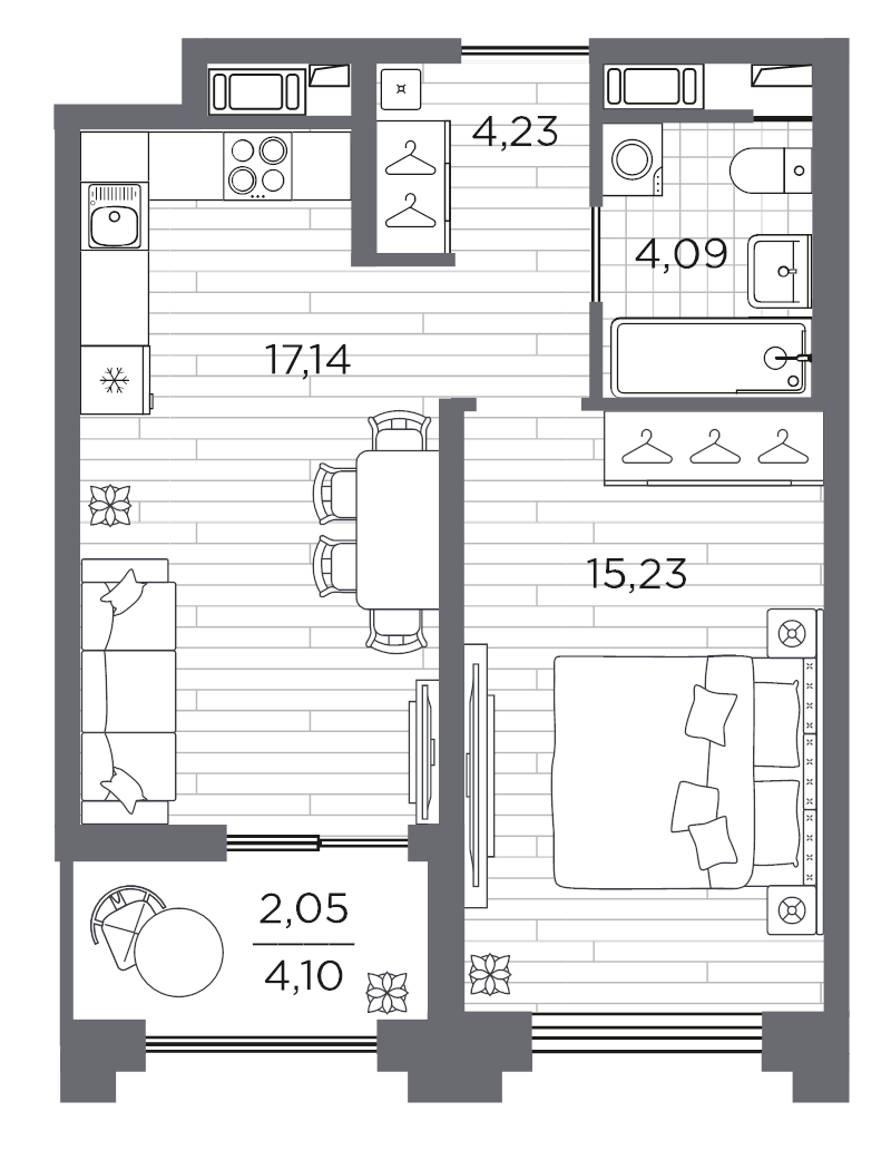 2-комнатная (Евро) квартира, 42.74 м² в ЖК "Ассамблея" - планировка, фото №1