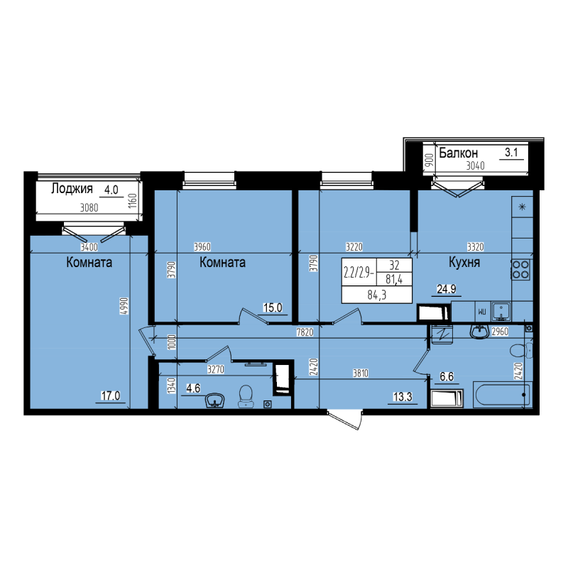 3-комнатная (Евро) квартира, 84.3 м² - планировка, фото №1