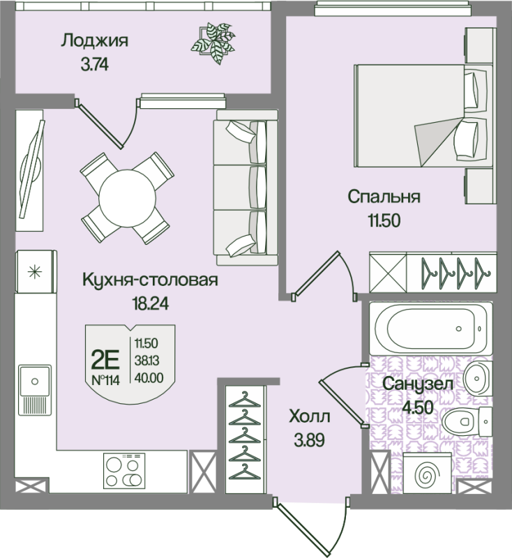 2-комнатная (Евро) квартира, 40 м² в ЖК "Охтинские высоты" - планировка, фото №1