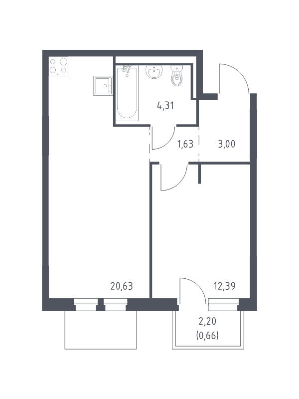 2-комнатная (Евро) квартира, 42.62 м² в ЖК "Невская Долина" - планировка, фото №1