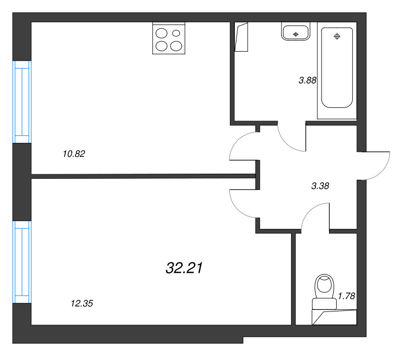 1-комнатная квартира, 32.21 м² - планировка, фото №1