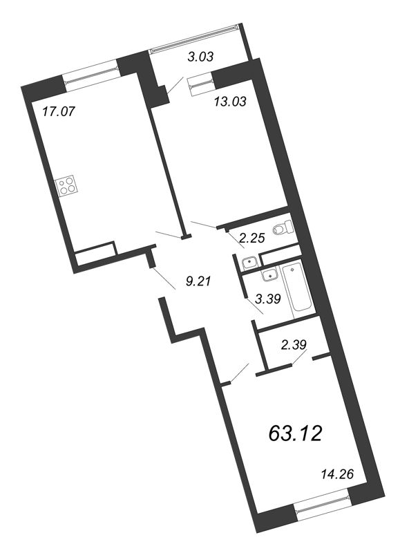 3-комнатная (Евро) квартира, 63.12 м² в ЖК "Ariosto" - планировка, фото №1
