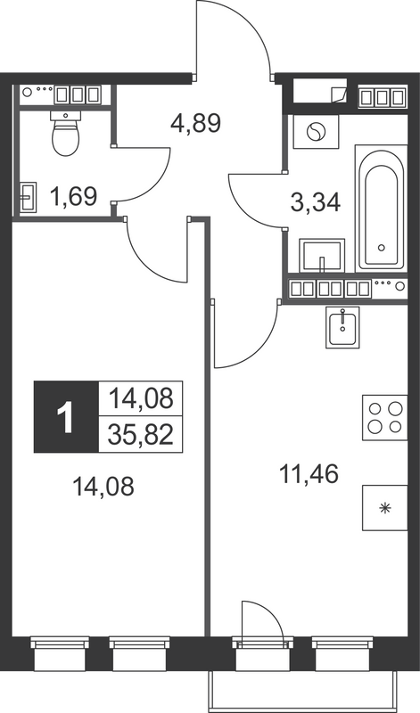 1-комнатная квартира, 35.82 м² в ЖК "Слобода" - планировка, фото №1