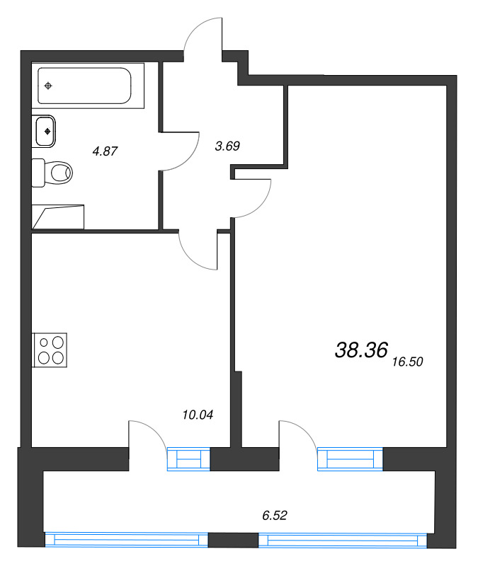 1-комнатная квартира, 38.36 м² - планировка, фото №1