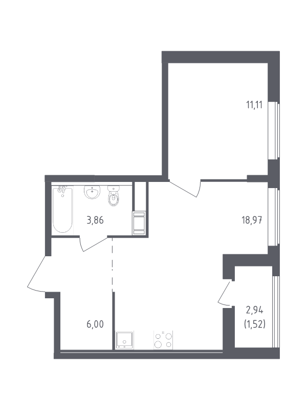 2-комнатная (Евро) квартира, 41.46 м² - планировка, фото №1