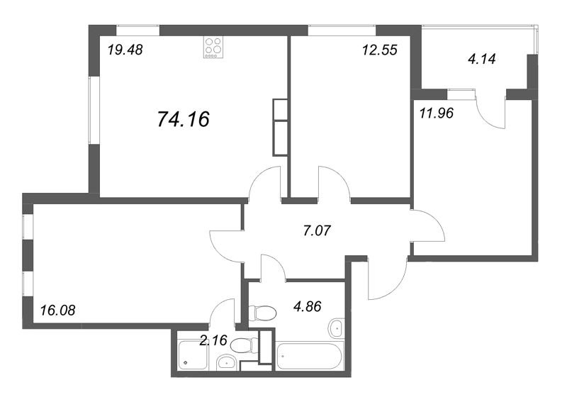 4-комнатная (Евро) квартира, 74.16 м² в ЖК "Любоград" - планировка, фото №1