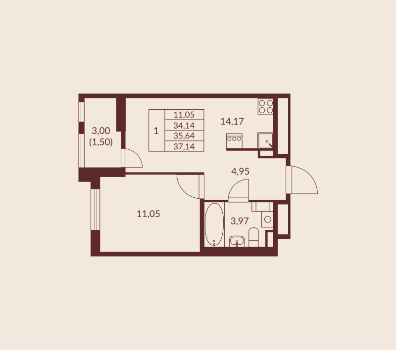 1-комнатная квартира, 35.64 м² в ЖК "Амурино" - планировка, фото №1