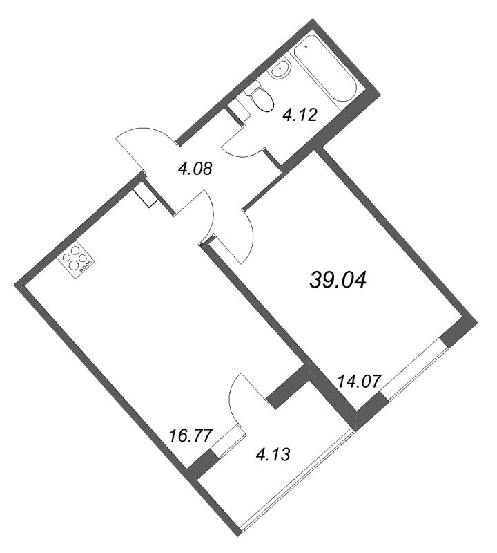 2-комнатная (Евро) квартира, 39.04 м² в ЖК "Любоград" - планировка, фото №1