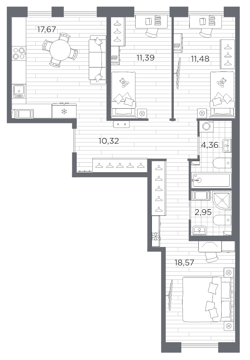 4-комнатная (Евро) квартира, 76.74 м² в ЖК "Сезоны" - планировка, фото №1