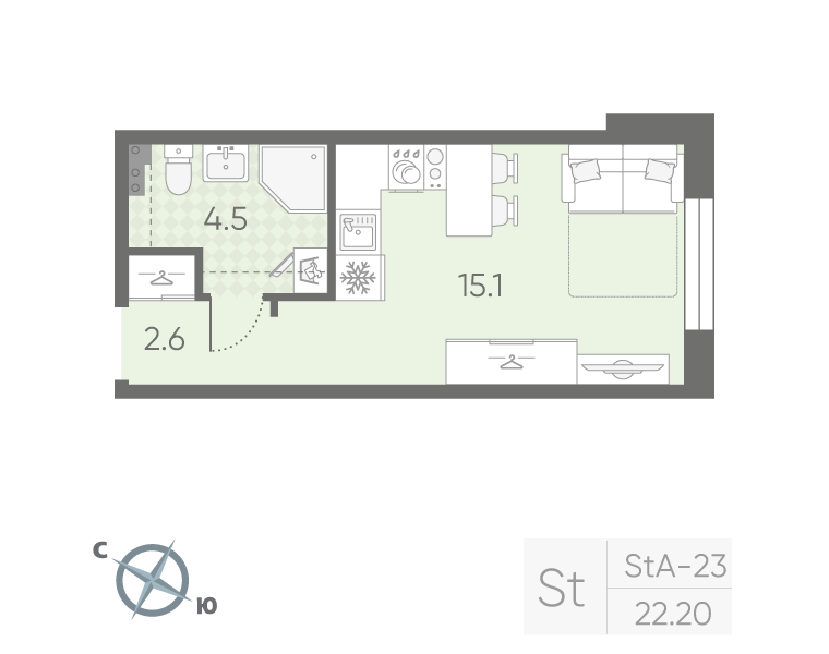Квартира-студия, 22.2 м² в ЖК "Пулково Lake" - планировка, фото №1