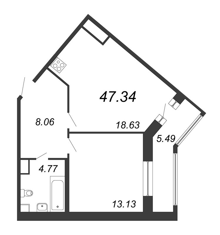 2-комнатная (Евро) квартира, 47.34 м² - планировка, фото №1