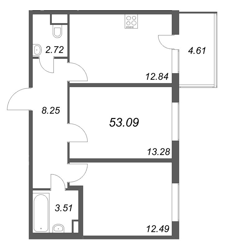 2-комнатная квартира, 53.09 м² в ЖК "ЮгТаун" - планировка, фото №1