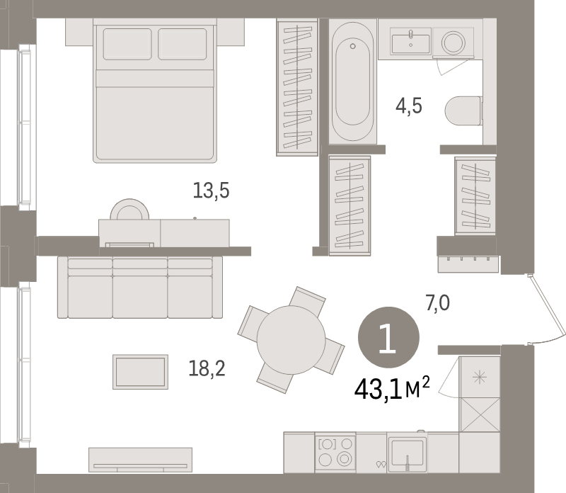 2-комнатная (Евро) квартира, 43.1 м² в ЖК "Брусника в Новоселье" - планировка, фото №1