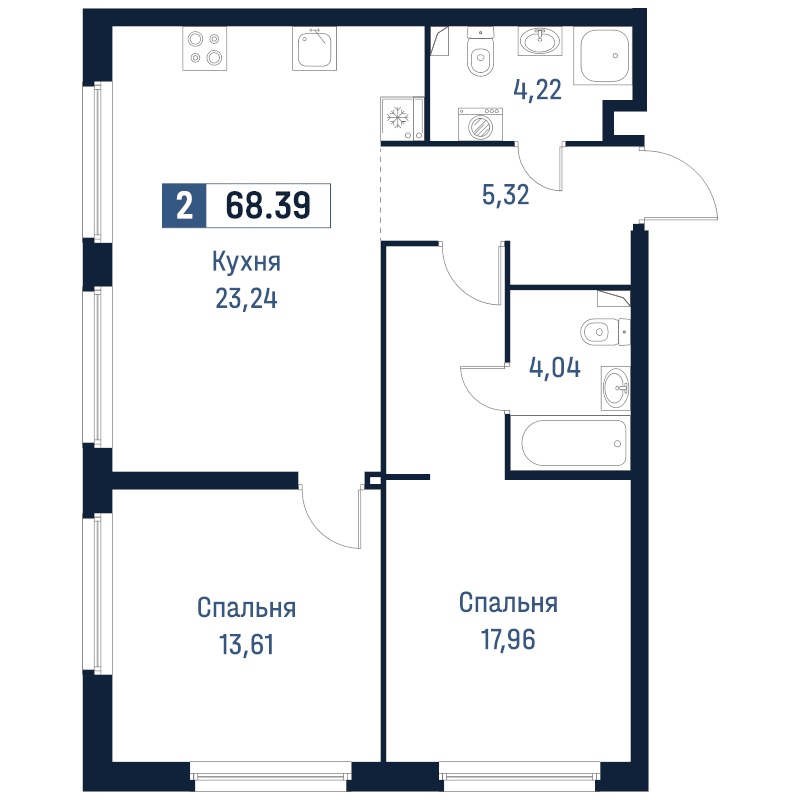 3-комнатная (Евро) квартира, 68.39 м² в ЖК "Максималист" - планировка, фото №1