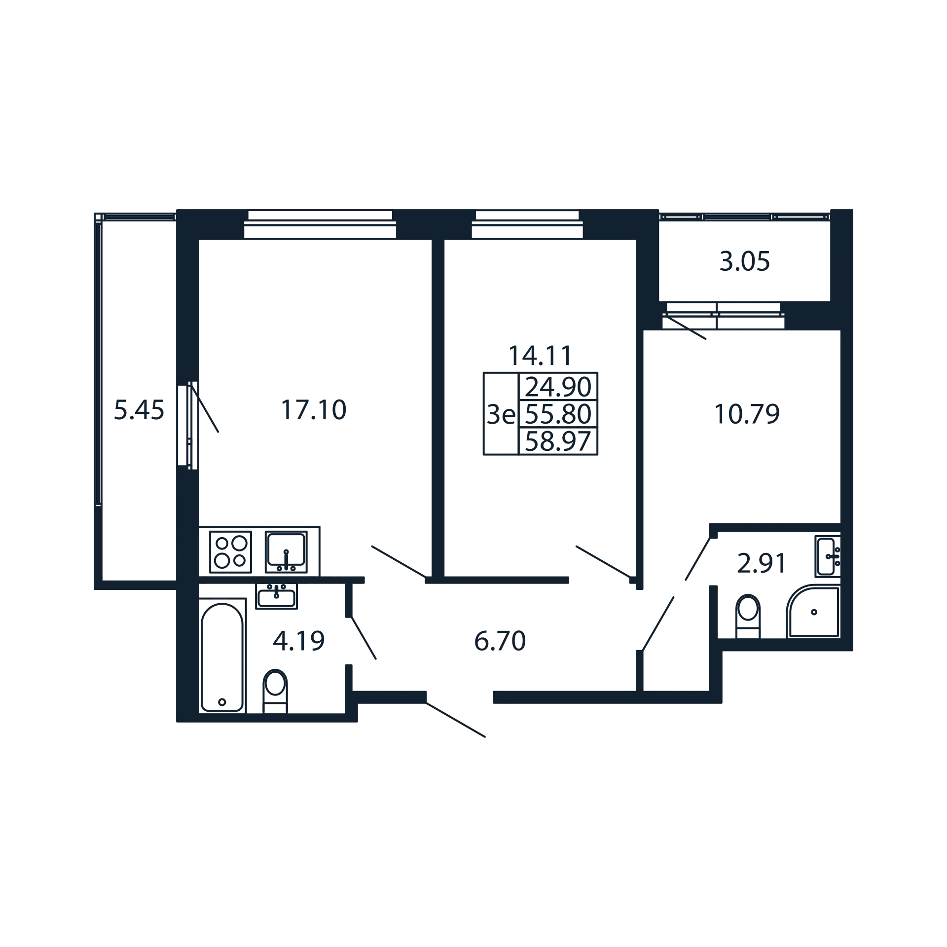 3-комнатная (Евро) квартира, 55.8 м² в ЖК "Полис Новоселье" - планировка, фото №1