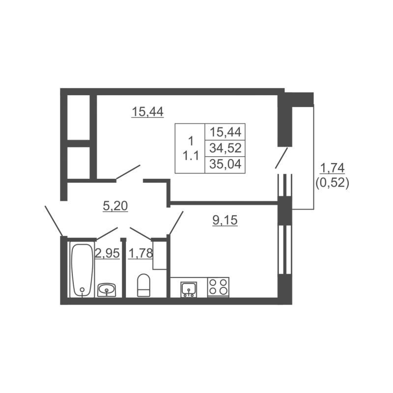 1-комнатная квартира, 35.04 м² в ЖК "Тандем" - планировка, фото №1