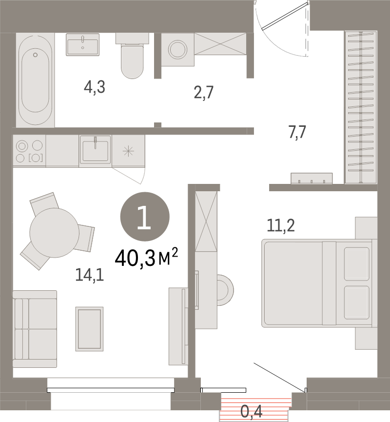 1-комнатная квартира, 40.3 м² - планировка, фото №1