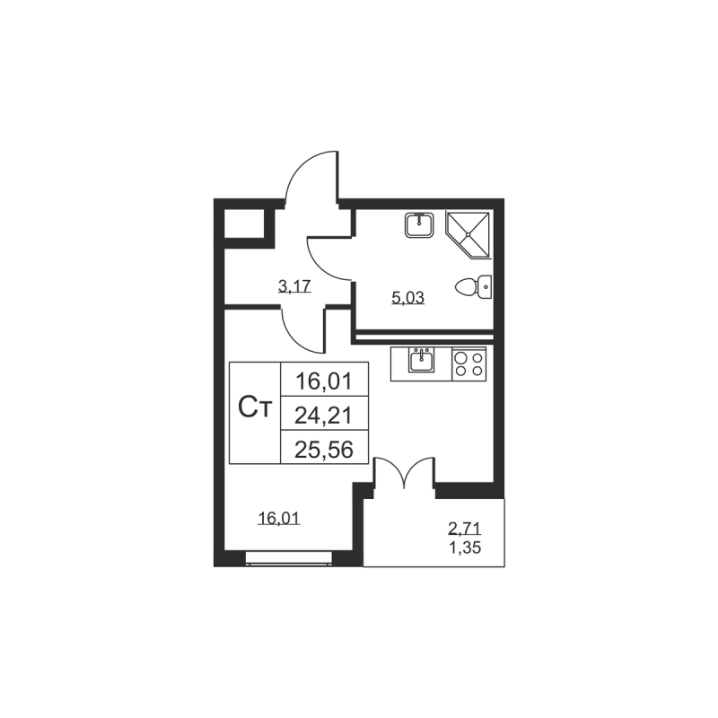 Квартира-студия, 25.56 м² в ЖК "Высота" - планировка, фото №1