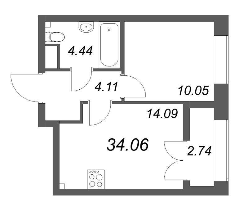 1-комнатная квартира, 34.06 м² в ЖК "NewПитер 2.0" - планировка, фото №1