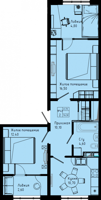 2-комнатная квартира, 61.7 м² в ЖК "Pixel" - планировка, фото №1