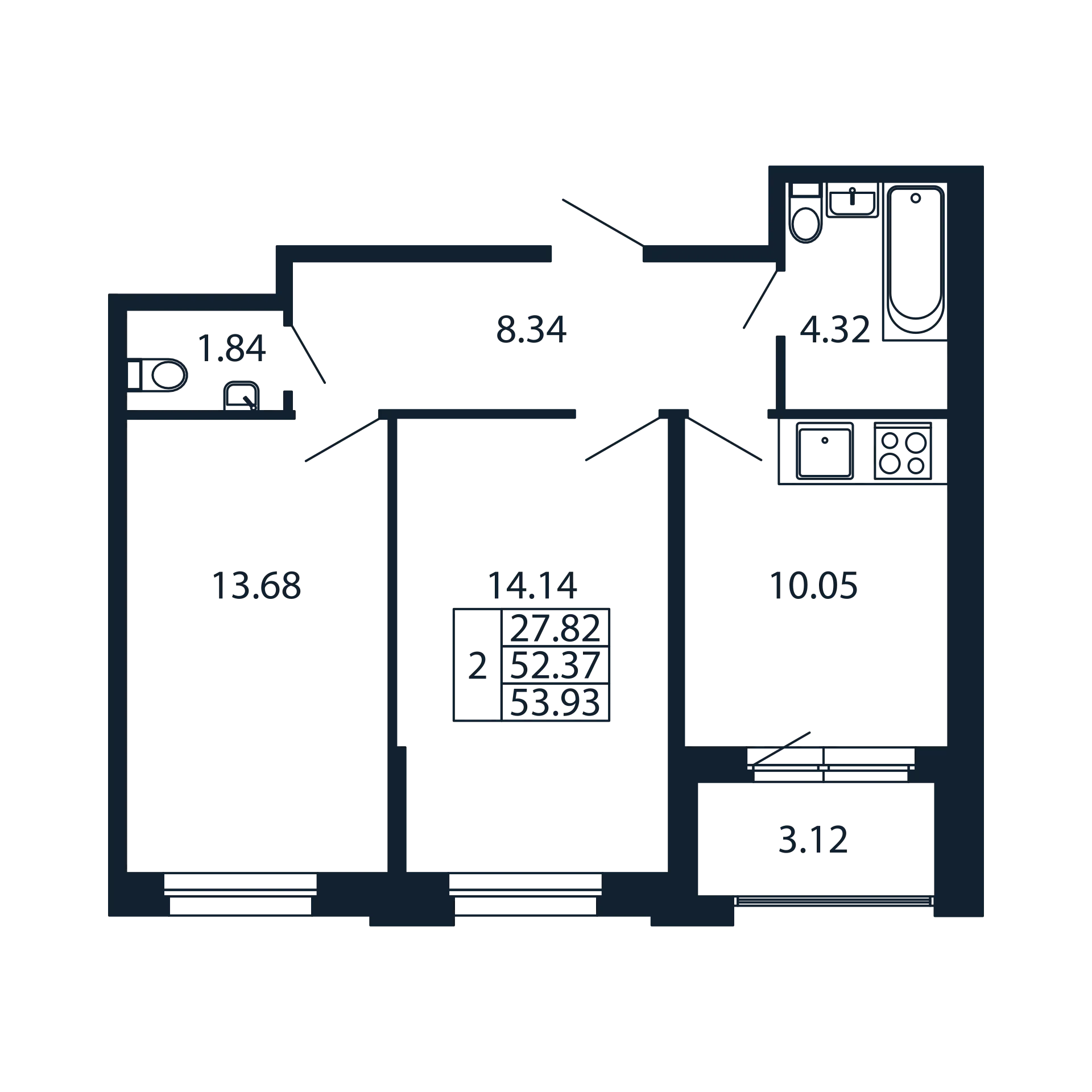 2-комнатная квартира, 52.37 м² в ЖК "Полис Новоселье" - планировка, фото №1