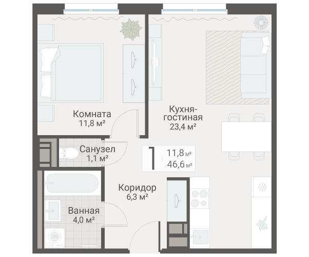 2-комнатная (Евро) квартира, 46.6 м² в ЖК "Руднева 15" - планировка, фото №1