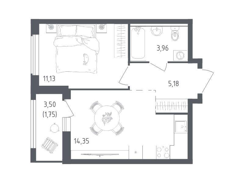 1-комнатная квартира, 36.37 м² в ЖК "Южная Нева" - планировка, фото №1