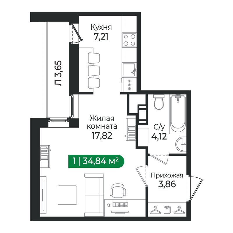 1-комнатная квартира, 34.84 м² в ЖК "Сертолово Парк" - планировка, фото №1