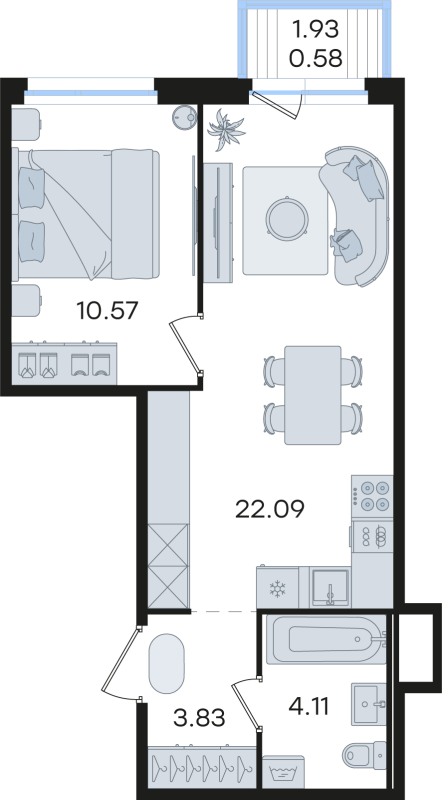 2-комнатная (Евро) квартира, 41.18 м² в ЖК "Романовка" - планировка, фото №1