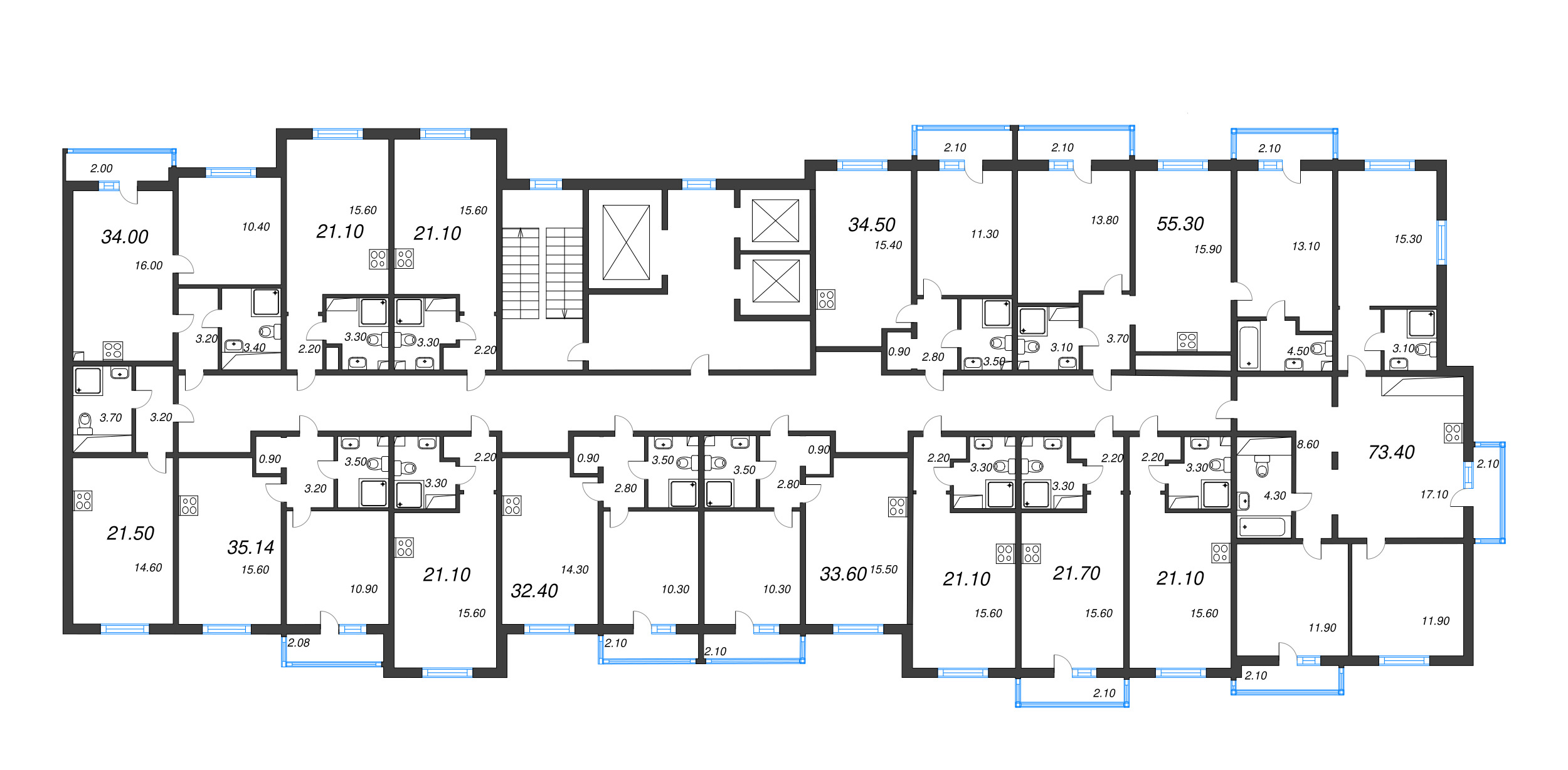 4-комнатная (Евро) квартира, 73.4 м² в ЖК "Дыбенко Парк" - планировка этажа