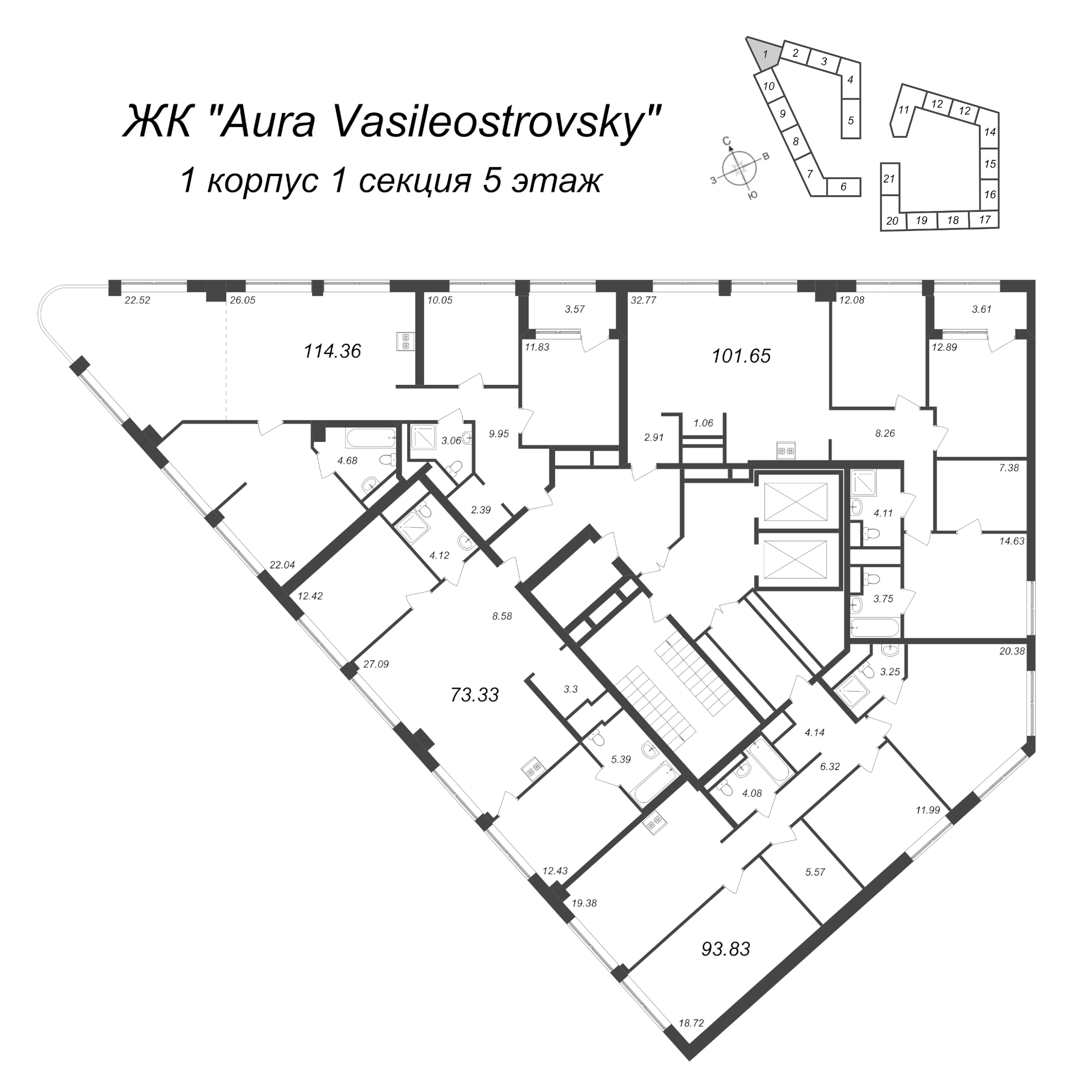 4-комнатная (Евро) квартира, 93.83 м² в ЖК "GloraX Premium Василеостровский" - планировка этажа