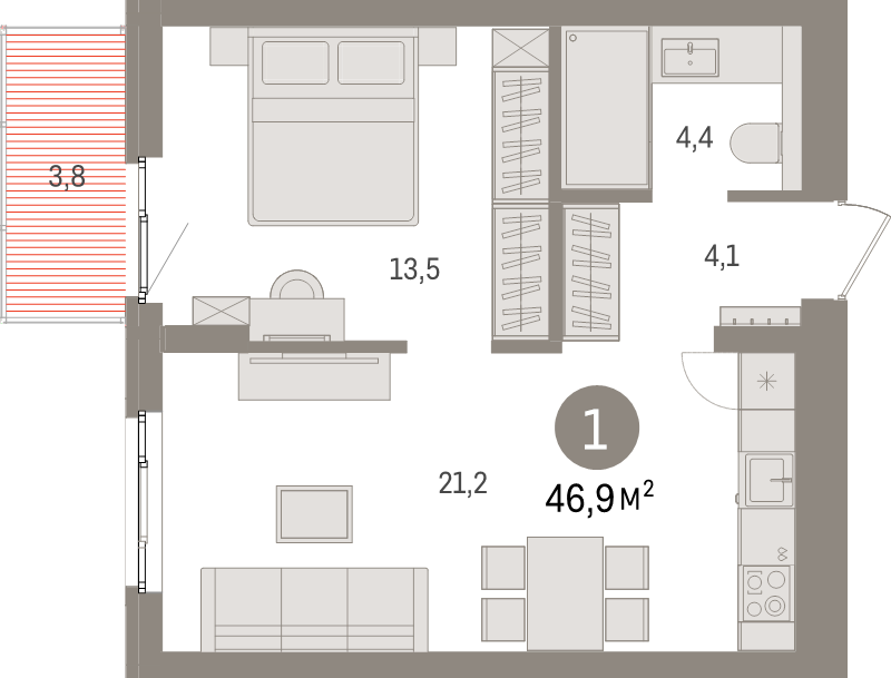2-комнатная (Евро) квартира, 46.9 м² в ЖК "Брусника в Новоселье" - планировка, фото №1