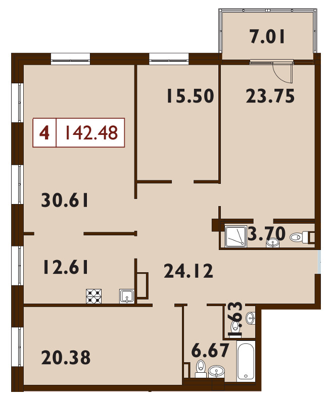4-комнатная квартира, 142 м² - планировка, фото №1