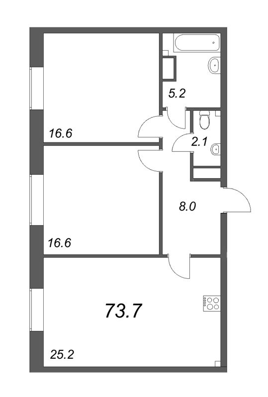 2-комнатная (Евро) квартира, 73.8 м² - планировка, фото №1