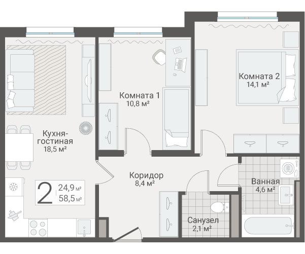 3-комнатная (Евро) квартира, 58.5 м² в ЖК "Руднева 15" - планировка, фото №1