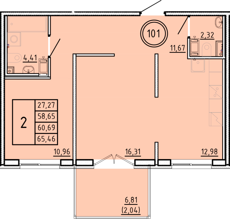 2-комнатная квартира, 58.65 м² в ЖК "Образцовый квартал 16" - планировка, фото №1