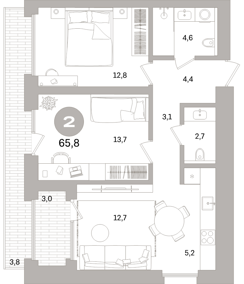 3-комнатная (Евро) квартира, 65.8 м² - планировка, фото №1