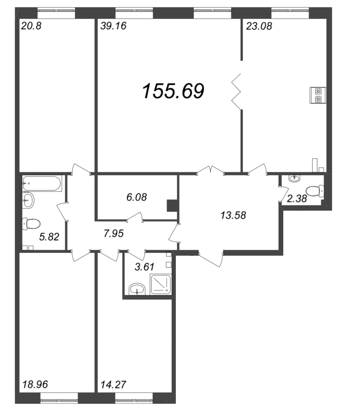 5-комнатная (Евро) квартира, 155.5 м² - планировка, фото №1