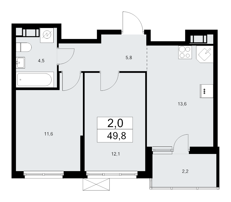 2-комнатная квартира, 49.8 м² в ЖК "А101 Лаголово" - планировка, фото №1