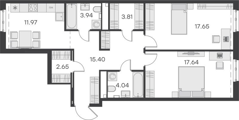 2-комнатная квартира, 77.1 м² - планировка, фото №1