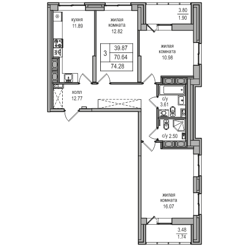 3-комнатная квартира, 73.6 м² в ЖК "Северная Долина" - планировка, фото №1