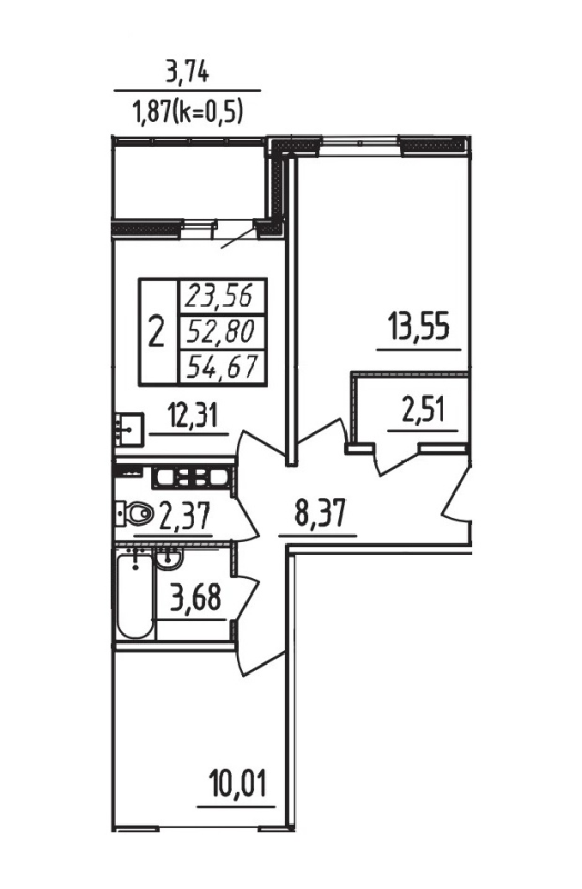 2-комнатная квартира, 54.67 м² в ЖК "Меридиан Шушары" - планировка, фото №1