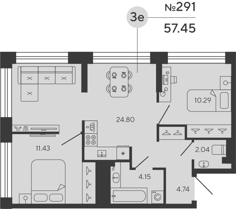 3-комнатная (Евро) квартира, 57.45 м² в ЖК "Башни Элемент" - планировка, фото №1