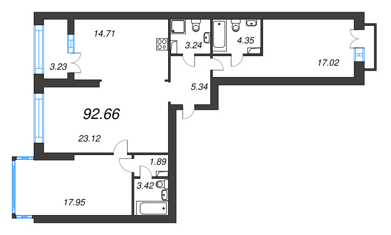 3-комнатная квартира, 99.3 м² - планировка, фото №1