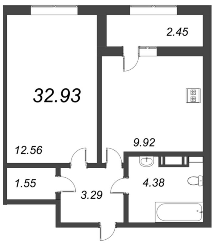 1-комнатная квартира, 32.93 м² - планировка, фото №1