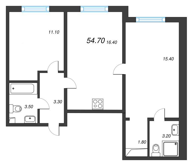 3-комнатная (Евро) квартира, 54.7 м² в ЖК "Дыбенко Парк" - планировка, фото №1